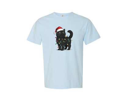 brand:Comfort Colors|color:Chambray|Cute Black Cat Christmas Santa Hat Graphic T-Shirt