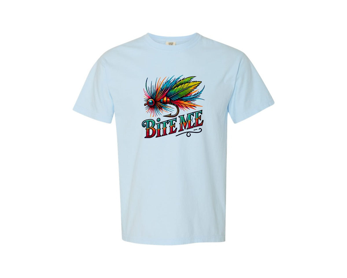 brand:Comfort Colors|color:Chambray|Bite Me Funny Fishing Lure Design Graphic T-Shirt