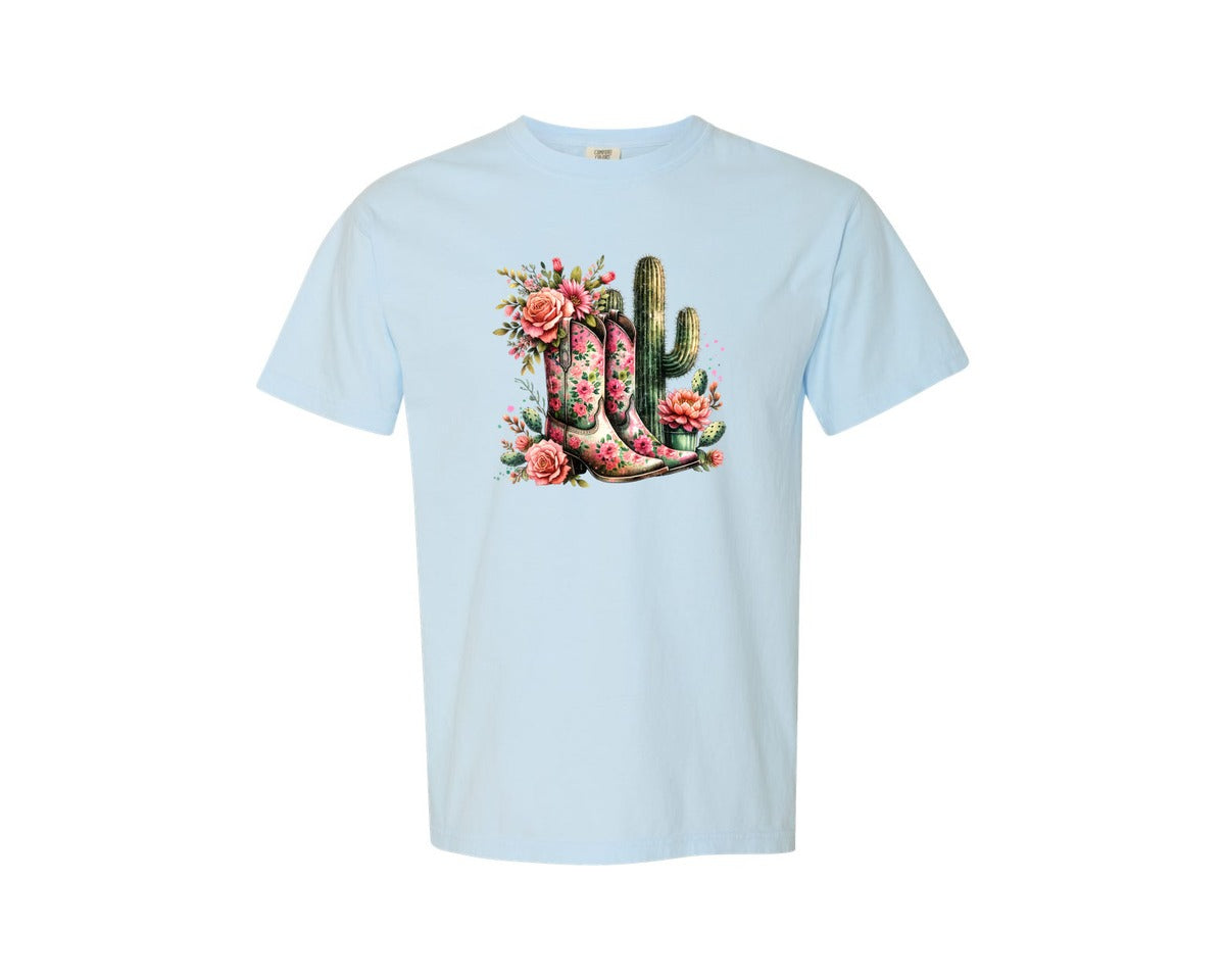 brand:Comfort Colors|color:Chambray|Floral Cowgirl Boots Cactus Graphic T-Shirt