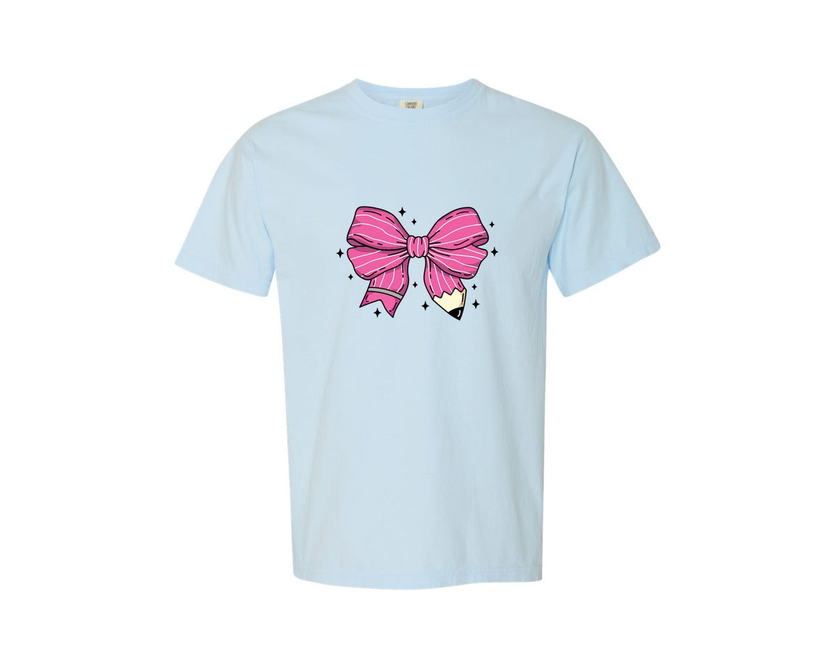 brand:Comfort Colors|color:Chambray|Pencil Bow Coquette Pencil Bow Graphic T-Shirt