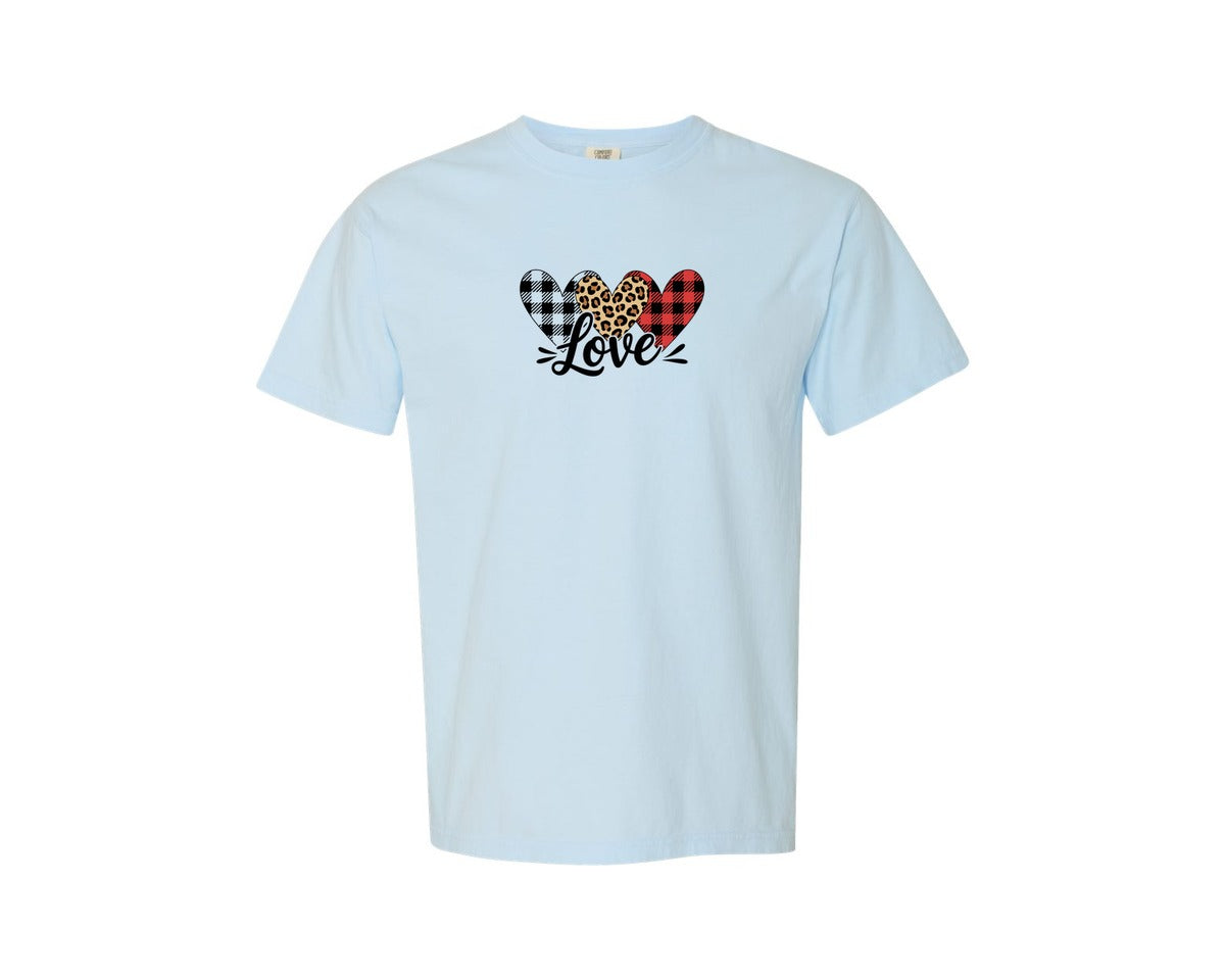 brand:Comfort Colors|color:Chambray|Leopard Buffalo Plaid Heart Graphic T-Shirt
