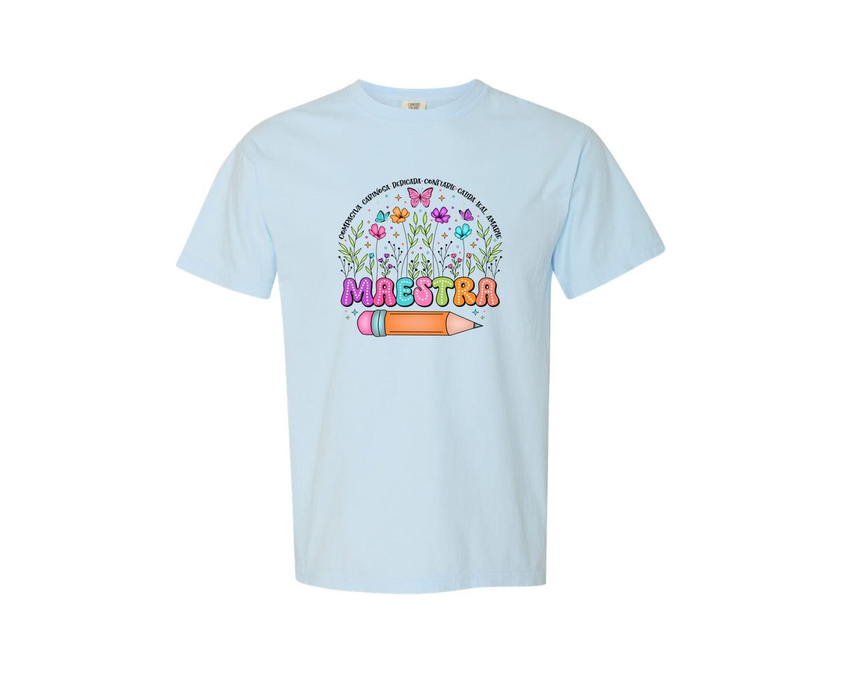 brand:Comfort Colors|color:Chambray|Maestra Floral Teacher Graphic T-Shirt