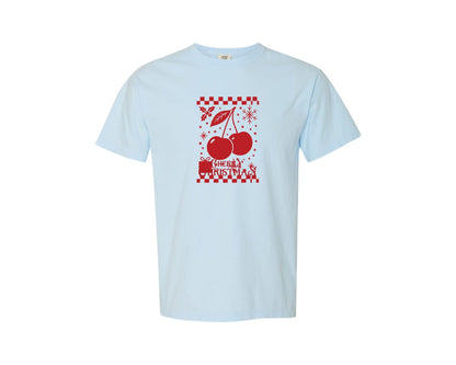 brand:Comfort Colors|color:Chambray|Cherry Christmas Holiday Art Graphic T-Shirt