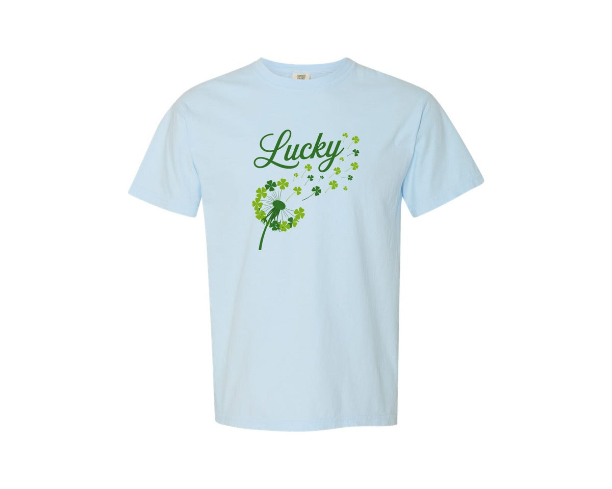 brand:Comfort Colors|color:Chambray|Lucky Clover Dandelion St Patricks Graphic T-Shirt