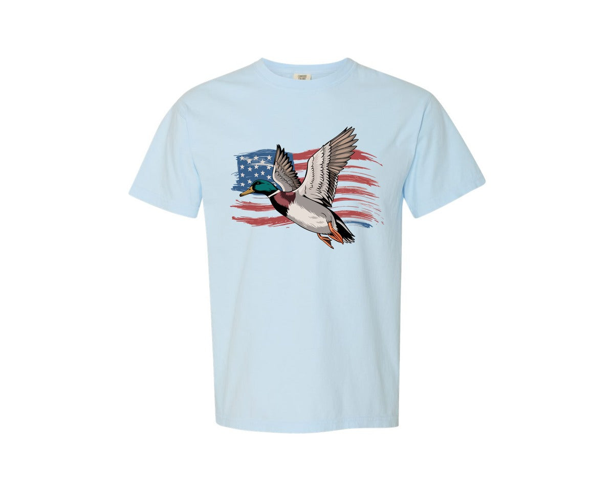 brand:Comfort Colors|color:Chambray|Mallard Duck Usa Flag Design Graphic T-Shirt