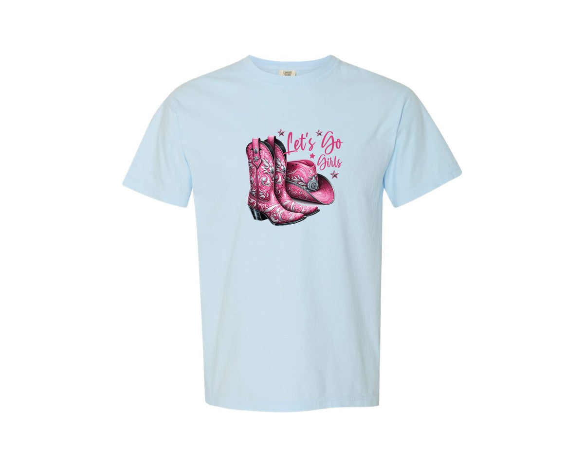 brand:Comfort Colors|color:Chambray|Lets Go Girls Cowgirl Boots 2 Graphic T-Shirt