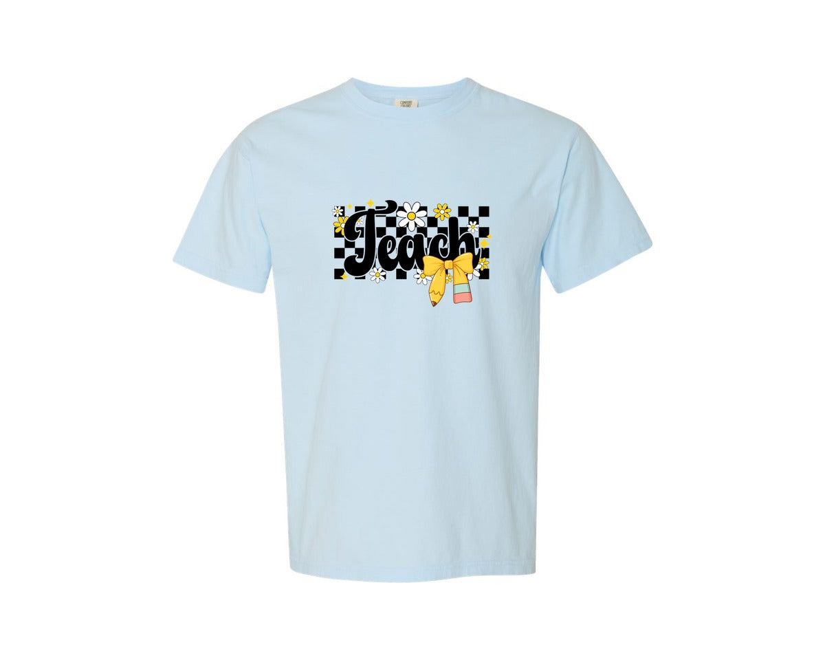 brand:Comfort Colors|color:Chambray|Teach Checkered Coquette Bow Pngteacher Graphic T-Shirt