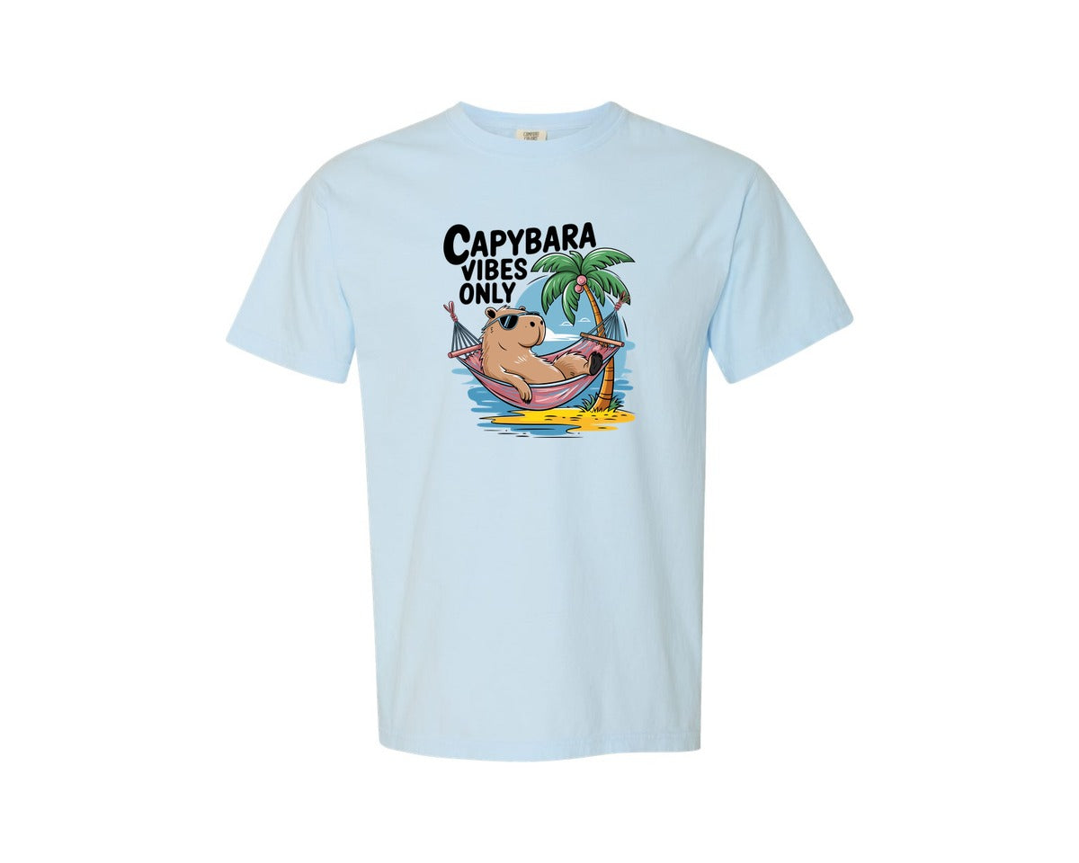 brand:Comfort Colors|color:Chambray|Capybara Vibes Only Summer T Shirt Print Graphic T-Shirt