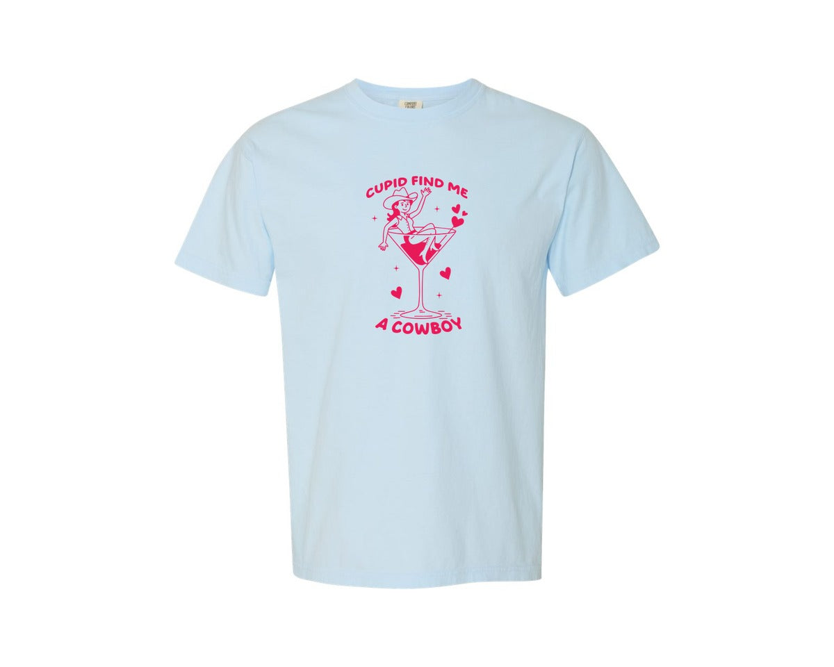 brand:Comfort Colors|color:Chambray|Cupid Find Me A Cowboy Valentine Cocktai Graphic T-Shirt