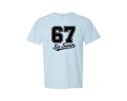 brand:Comfort Colors|color:Chambray|Six Seven Varsity Funny 6 7 Meme Graphic T-Shirt