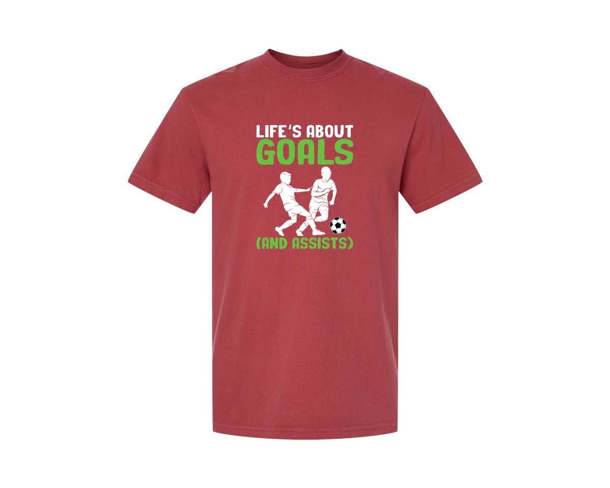 brand:Comfort Colors|color:Chili|Lifes About Goals Soccer T Shirt Graphic T-Shirt