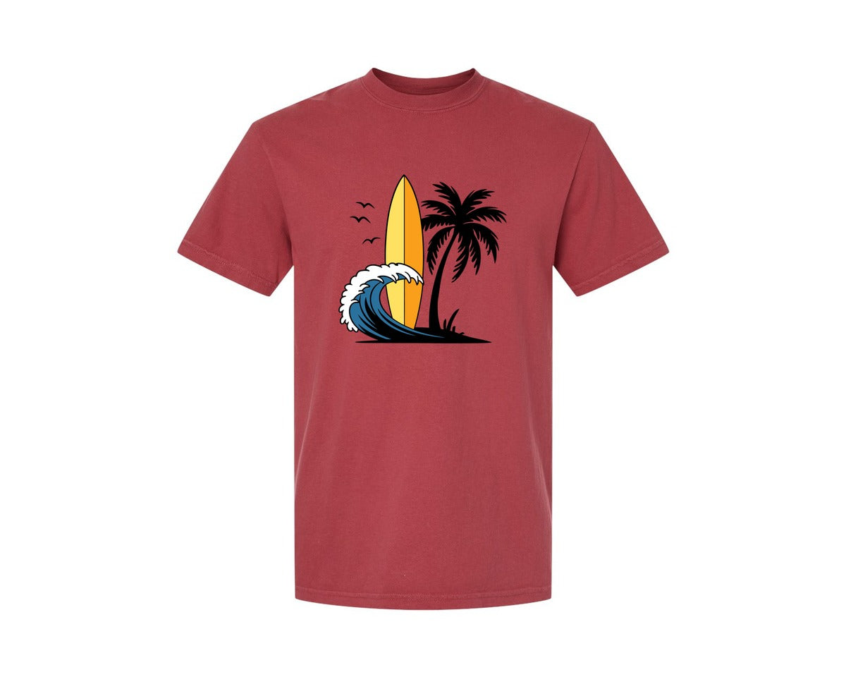 brand:Comfort Colors|color:Chili|Surfboard With Ocean Wave And Palm Tree Graphic T-Shirt