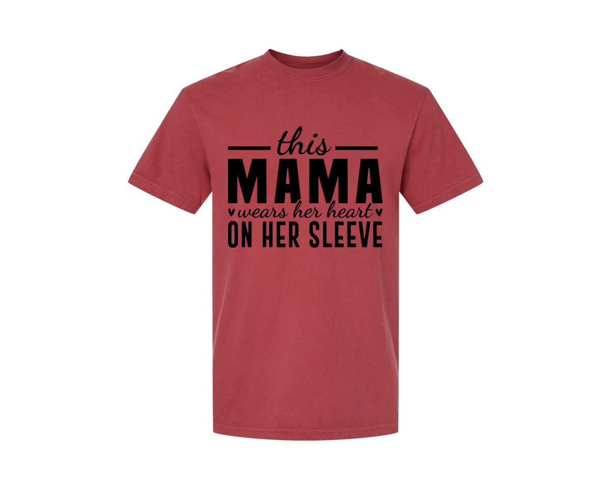 brand:Comfort Colors|color:Chili|This Mama Wears Her Heart On Her Sleeve 77 Graphic T-Shirt