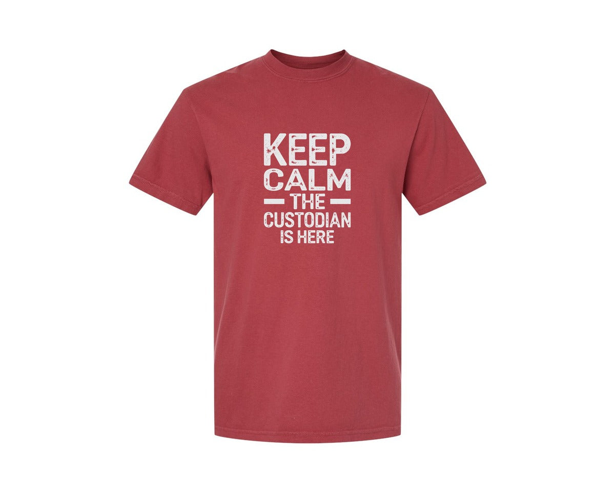brand:Comfort Colors|color:Chili|Keep Calm Custodian Here Graphic T-Shirt