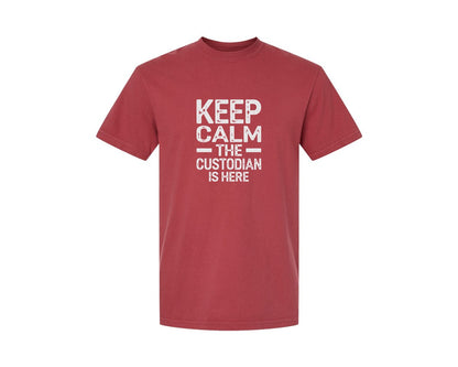 brand:Comfort Colors|color:Chili|Keep Calm Custodian Here Graphic T-Shirt