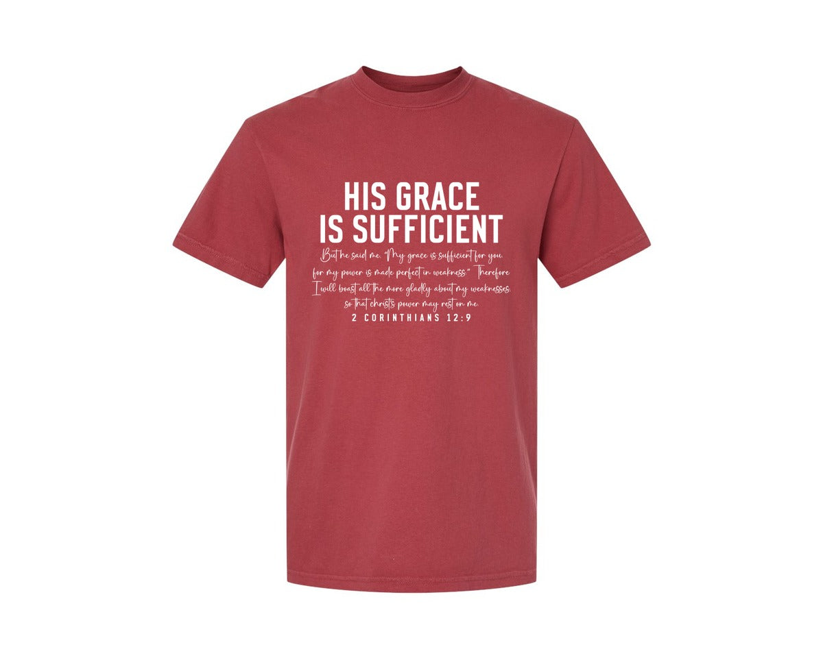brand:Comfort Colors|color:Chili|His Grace Is Sufficient 2 Corinthian Graphic T-Shirt