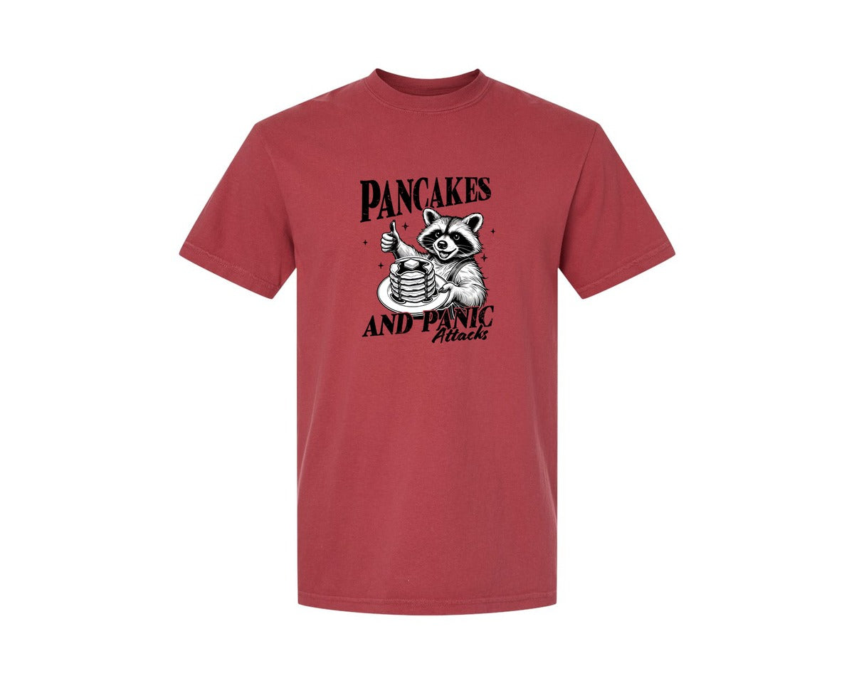 brand:Comfort Colors|color:Chili|Mental Health Raccoon Pancakes And Panic Graphic T-Shirt