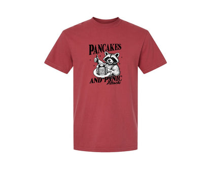 brand:Comfort Colors|color:Chili|Mental Health Raccoon Pancakes And Panic Graphic T-Shirt