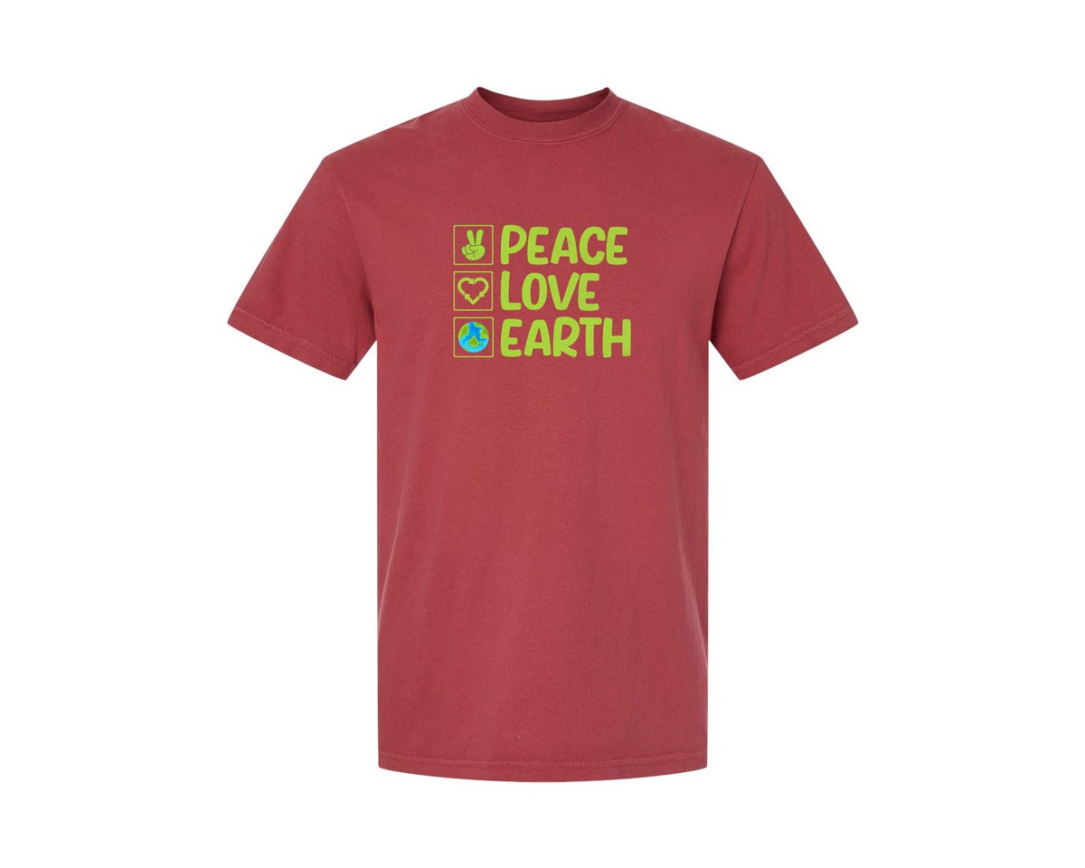 brand:Comfort Colors|color:Chili|Peace Love Earth T Shirt Graphic T-Shirt