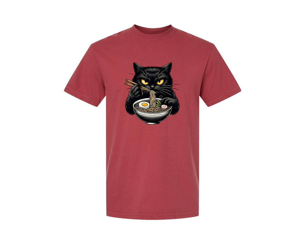 brand:Comfort Colors|color:Chili|Cute Black Cat Eating Ramen Noodle 3 Graphic T-Shirt