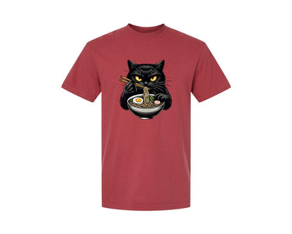brand:Comfort Colors|color:Chili|Cute Black Cat Eating Ramen Noodle 3 Graphic T-Shirt