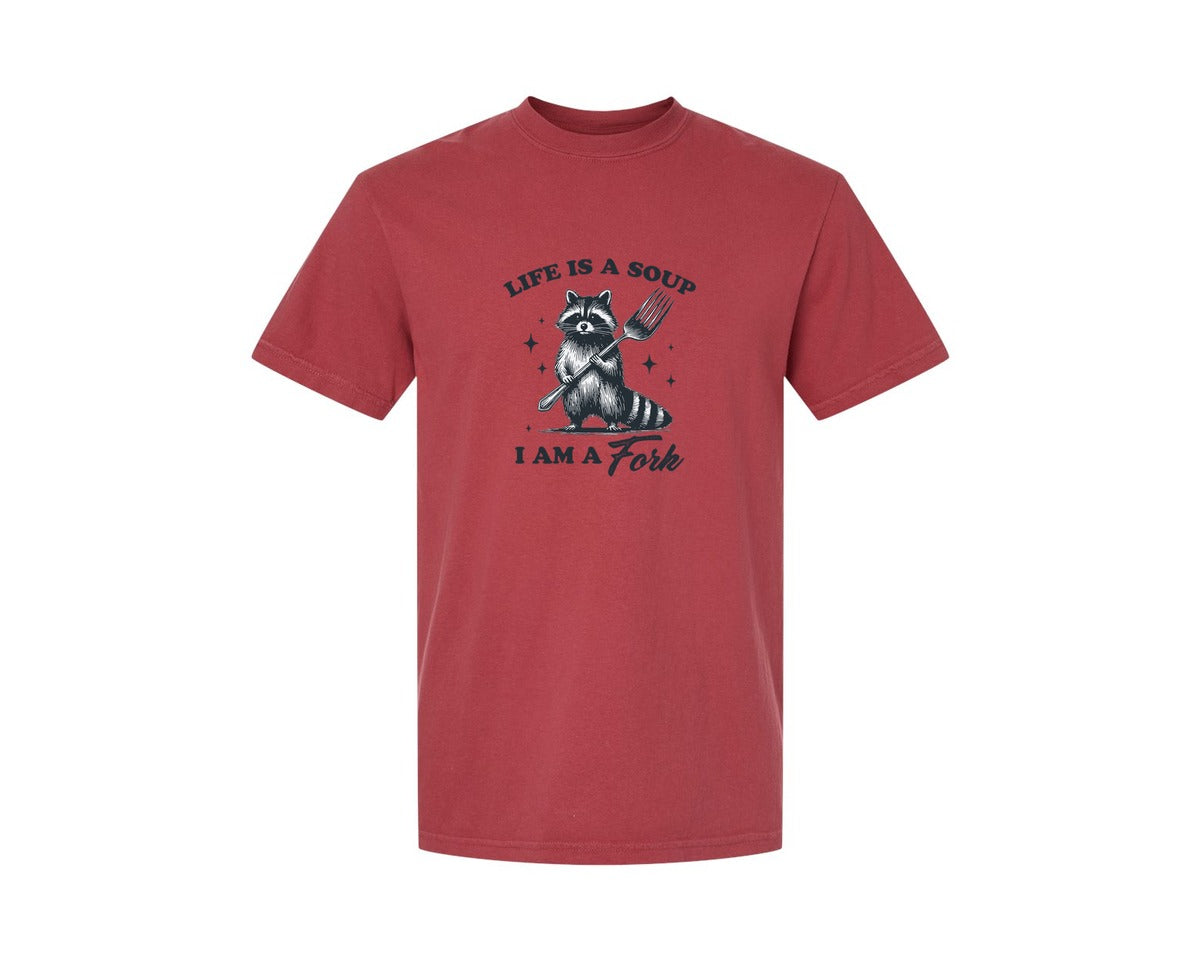 brand:Comfort Colors|color:Chili|Life Is A Soup I Am A Fork Raccoon Shirt Graphic T-Shirt