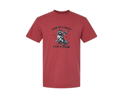 brand:Comfort Colors|color:Chili|Life Is A Soup I Am A Fork Raccoon Shirt Graphic T-Shirt