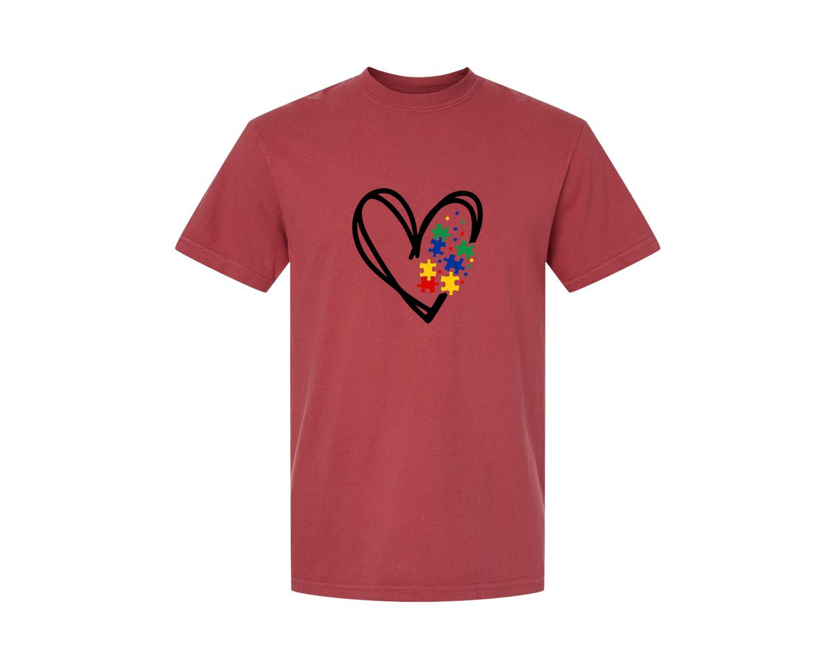 brand:Comfort Colors|color:Chili|Autism Heart Autism Puzzle Graphic T-Shirt