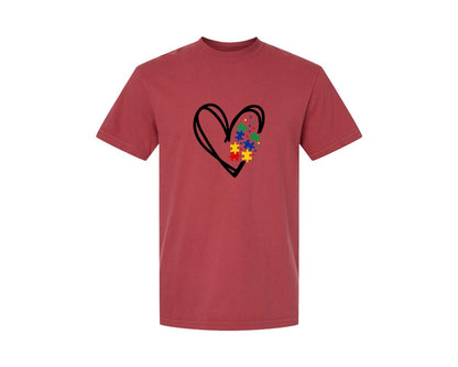 brand:Comfort Colors|color:Chili|Autism Heart Autism Puzzle Graphic T-Shirt
