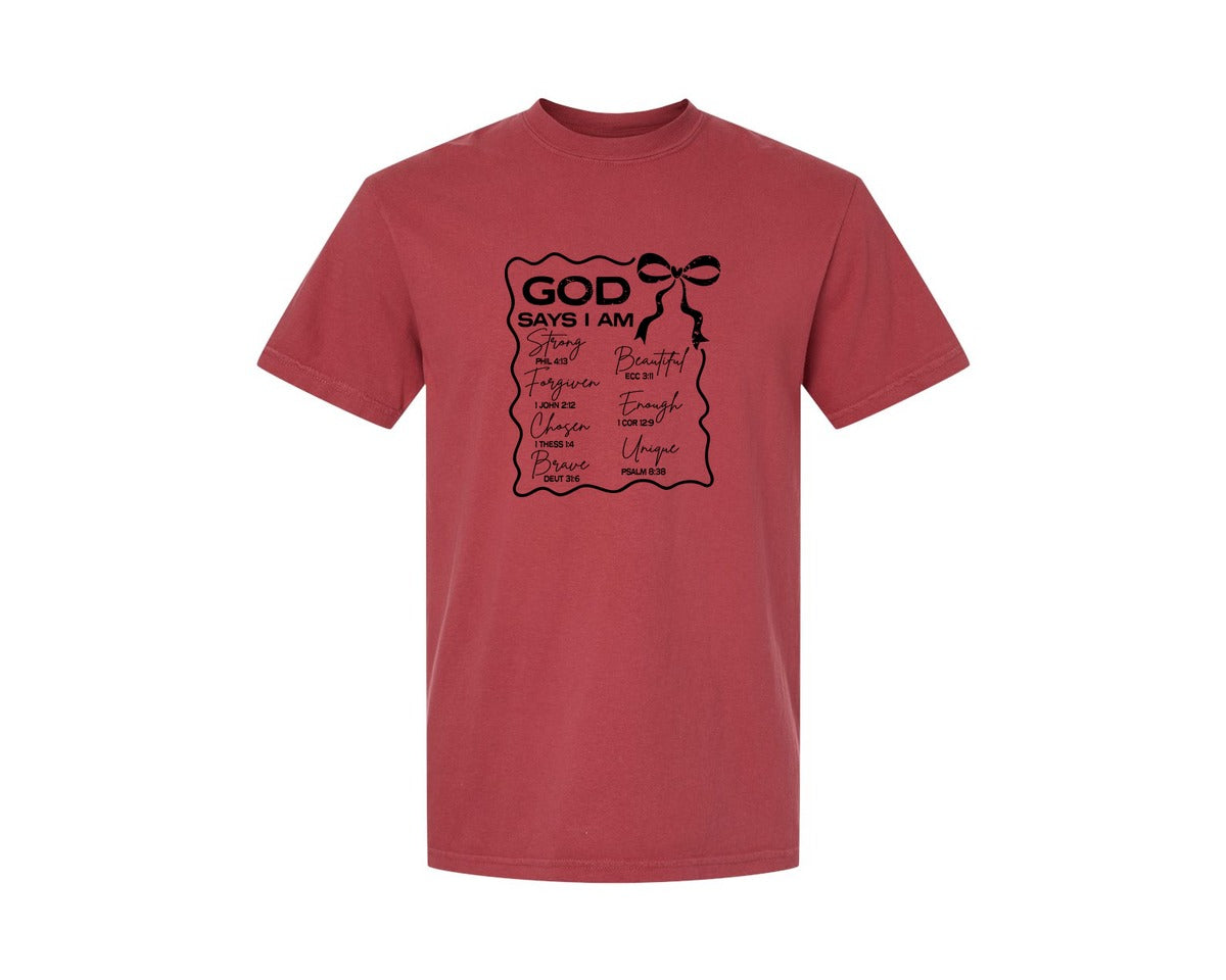 brand:Comfort Colors|color:Chili|God Says I Am Coquette Christian Graphic T-Shirt