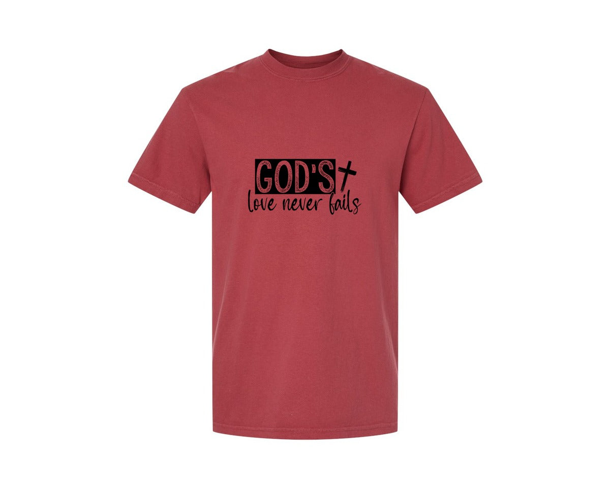 brand:Comfort Colors|color:Chili|Gods Love Never Fails Sleeve Design 2 Graphic T-Shirt