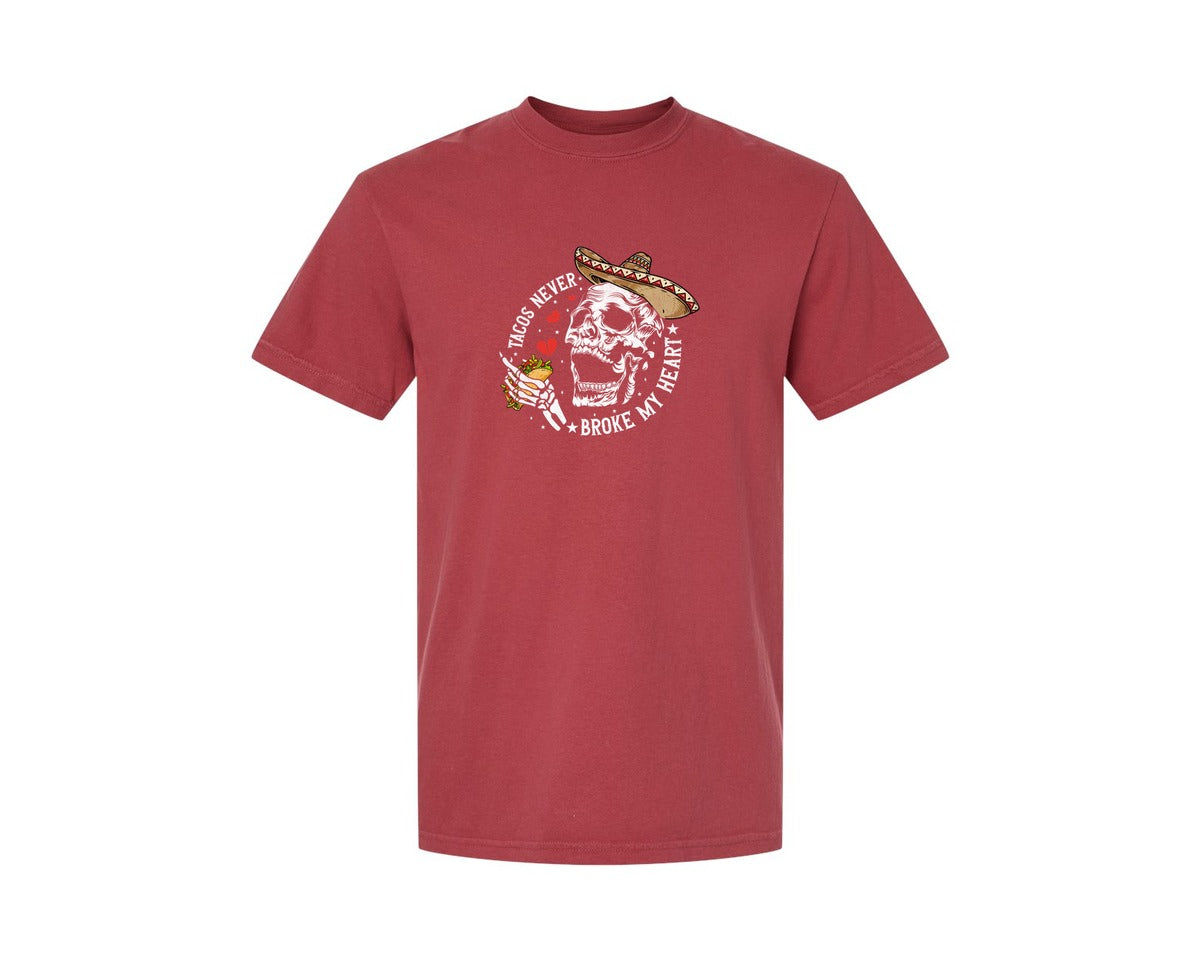 brand:Comfort Colors|color:Chili|Tacos Never Broke My Heart Skeleton Graphic T-Shirt
