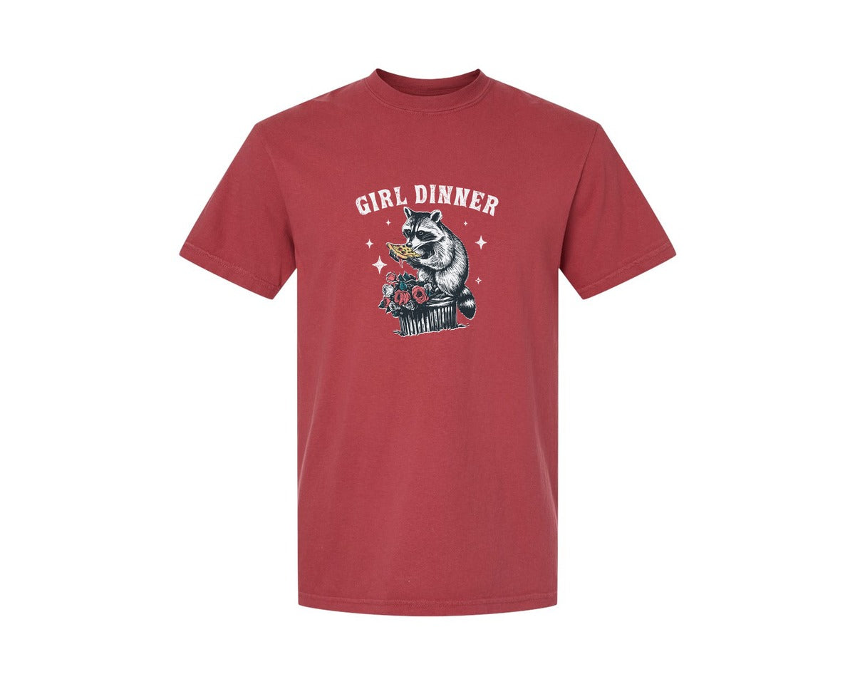 brand:Comfort Colors|color:Chili|Girl Dinner Raccoon Eat Pizza Shirt Graphic T-Shirt