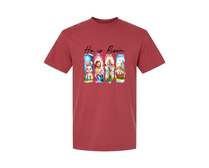 brand:Comfort Colors|color:Chili|He Is Risen Easter Jesus Christian Graphic T-Shirt