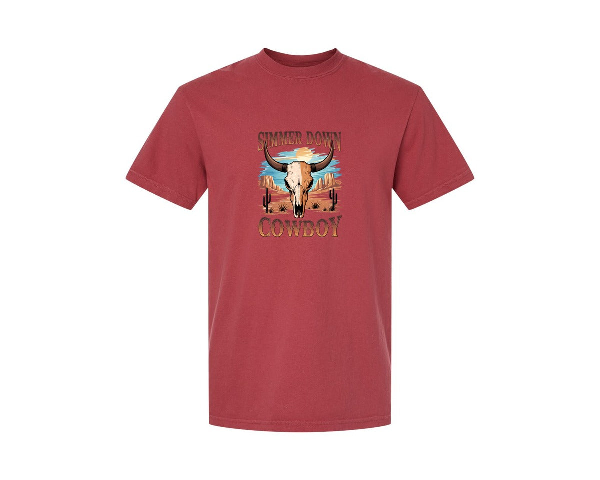 brand:Comfort Colors|color:Chili|Simmer Down Cowboy Western Skull 5 Graphic T-Shirt