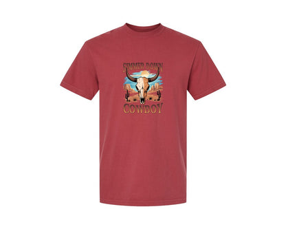 brand:Comfort Colors|color:Chili|Simmer Down Cowboy Western Skull 5 Graphic T-Shirt