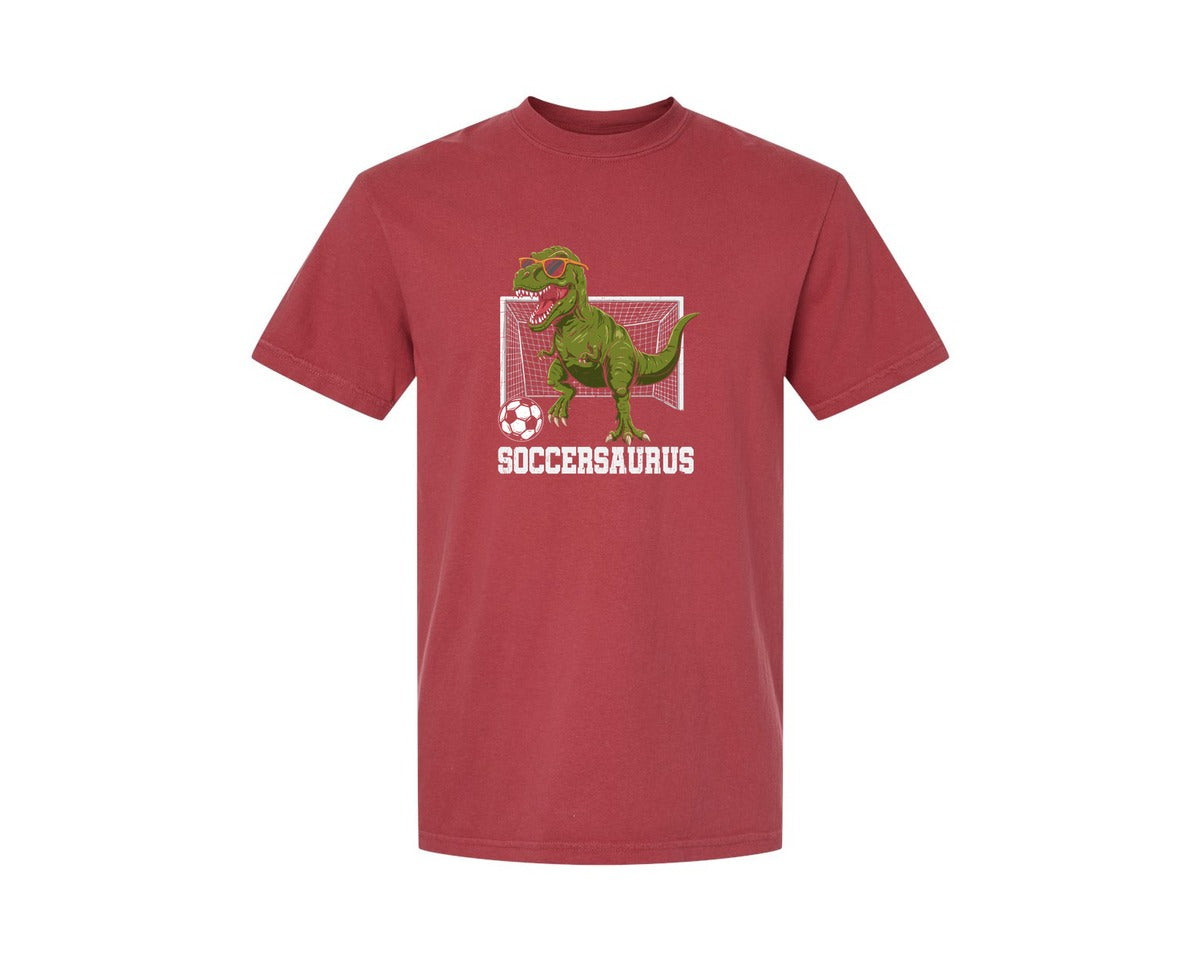 brand:Comfort Colors|color:Chili|T Rex Playing Soccer T Shirt Graphic T-Shirt