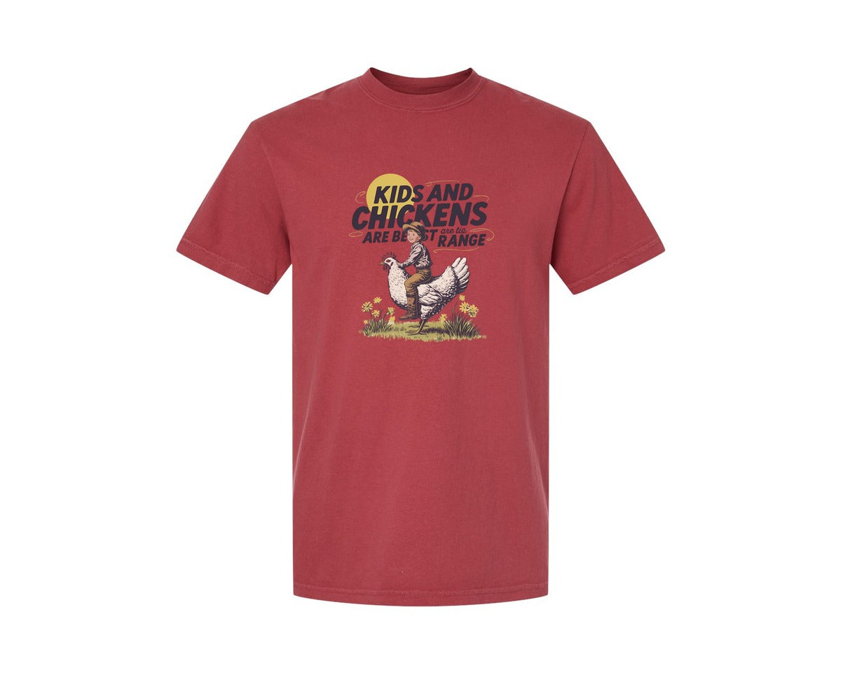 brand:Comfort Colors|color:Chili|Kids And Chickens Vintage Farm Graphic T-Shirt