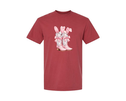 brand:Comfort Colors|color:Chili|Howdy Western Easter Bunny Cowboy Boots Graphic T-Shirt