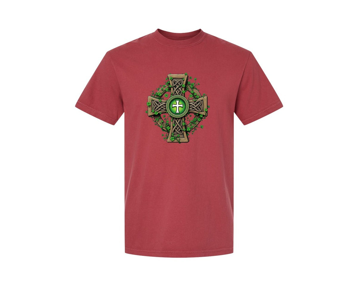 brand:Comfort Colors|color:Chili|Celtic Cross With Shamrocks Irish Graphic T-Shirt