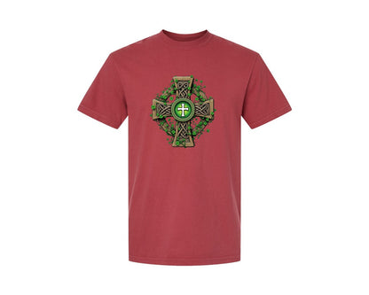 brand:Comfort Colors|color:Chili|Celtic Cross With Shamrocks Irish Graphic T-Shirt