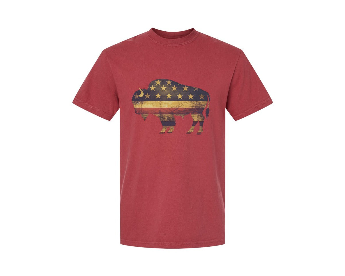 brand:Comfort Colors|color:Chili|American Bison Patriotic Usa Flag 4 Graphic T-Shirt