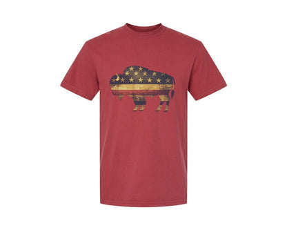 brand:Comfort Colors|color:Chili|American Bison Patriotic Usa Flag 4 Graphic T-Shirt