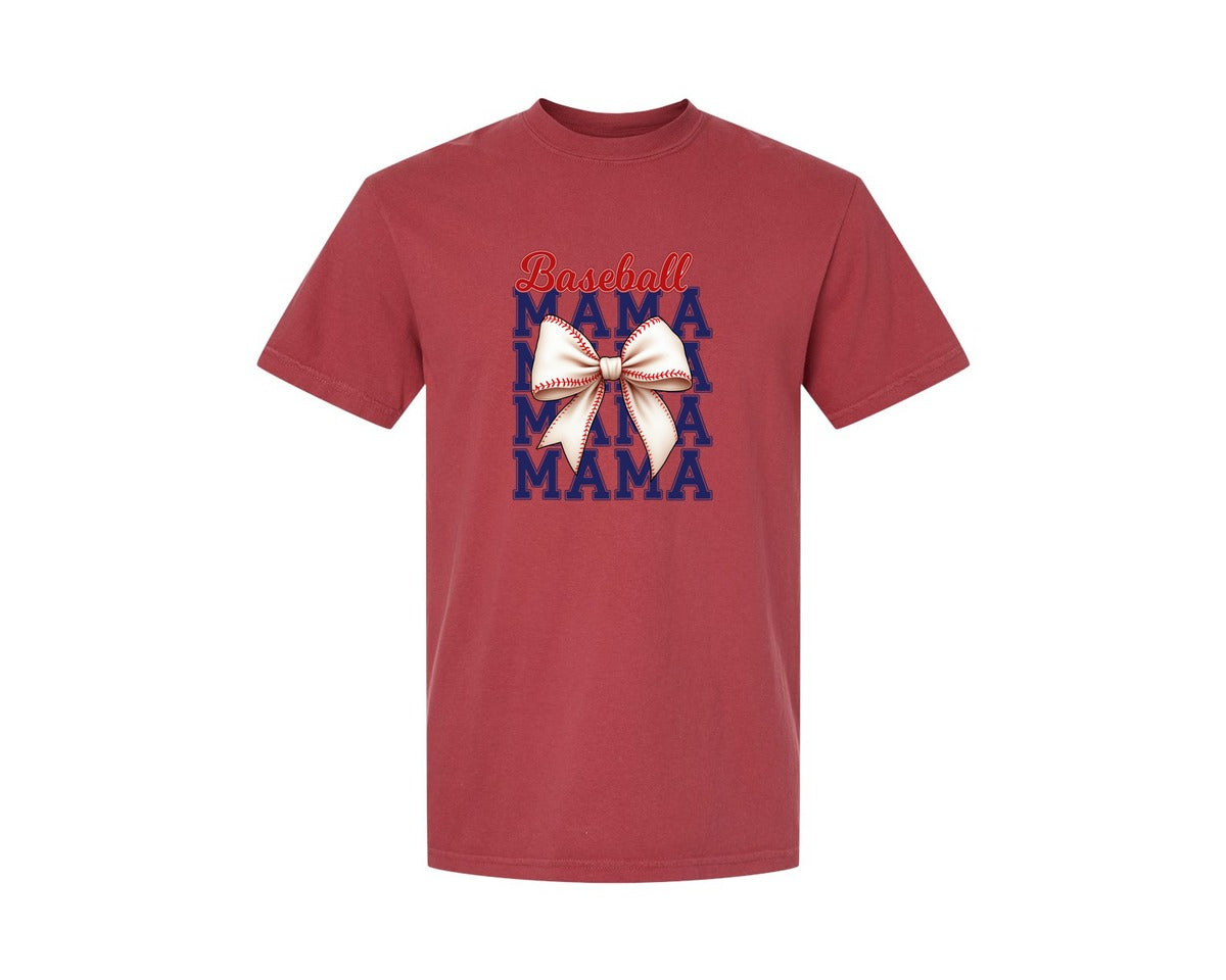brand:Comfort Colors|color:Chili|Baseball Mama Mom Coquette Bow Game Graphic T-Shirt