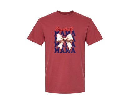 brand:Comfort Colors|color:Chili|Baseball Mama Mom Coquette Bow Game Graphic T-Shirt