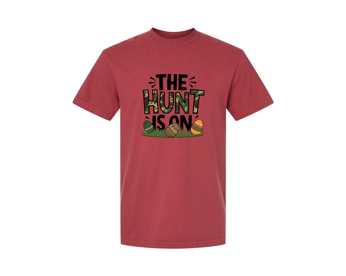 brand:Comfort Colors|color:Chili|The Hunt Is On Camo Easter Egg Camo Graphic T-Shirt
