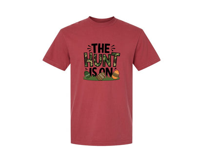 brand:Comfort Colors|color:Chili|The Hunt Is On Camo Easter Egg Camo Graphic T-Shirt