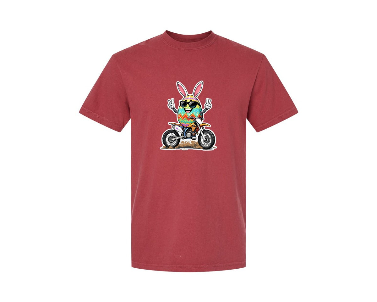 brand:Comfort Colors|color:Chili|Egg Bunny On Motorbike T Shirt Design Graphic T-Shirt