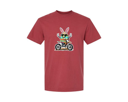 brand:Comfort Colors|color:Chili|Egg Bunny On Motorbike T Shirt Design Graphic T-Shirt
