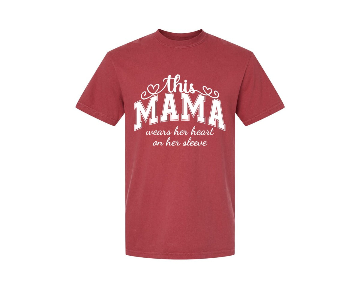 brand:Comfort Colors|color:Chili|This Mama Wears Her Heart On Her Sleeve 74 Graphic T-Shirt